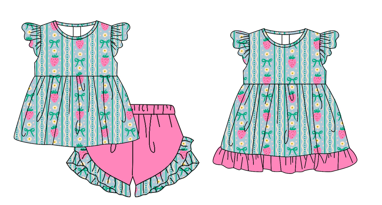 25.11.20 custom each style moq 5 eta 6-8week Sibling Sister strawberry bow floral baby girl short sleeve shorts sets and dress match design