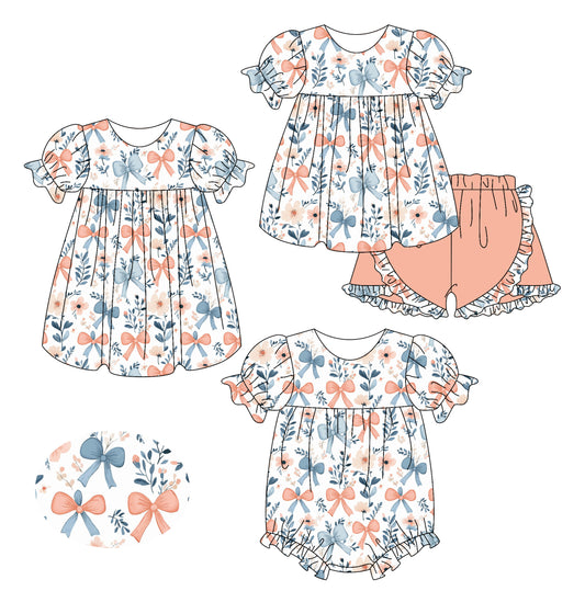 2.15 custom each style moq 5eta 4-6week Sibling Sisters bow baby girl short sleeve shorts sets and dress and rompers match family design