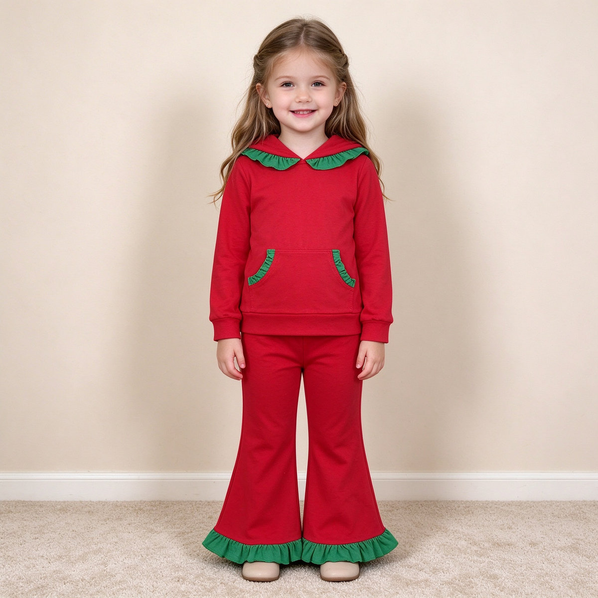 NEW RTS NO MOQ cotton GLP3751 Baby Girls Red Ruffle Hoodie Pockets Bell Bottom Pant Christmas Set