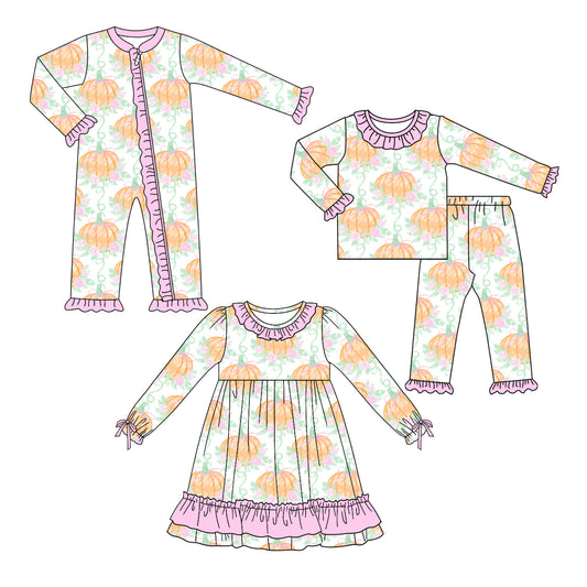 25.5.7 custom each style moq 5eta 4-6week Sibling Sisters pumpkin bow floral baby girl long sleeve pants sets and dress and rompers match family design