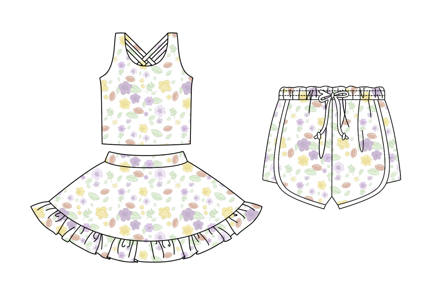 Custom moq 5 mix size Sibling Baby Girls Floral Print Sleeveless Top And Skirt Set with Shorts Cute Toddler Outfit