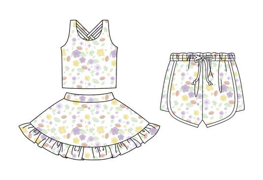 Custom moq 5 mix size Sibling Baby Girls Floral Print Sleeveless Top And Skirt Set with Shorts Cute Toddler Outfit