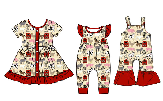 Custom moq 5 mix size Sibling red Short-Sleeved Dress Romper Overalls Jumpsuits for Baby Girl Cute Outfit for Infants