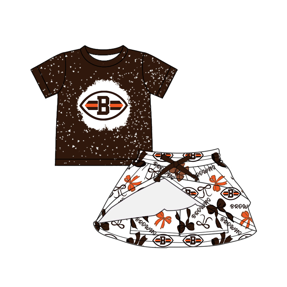 Custom moq 5 mix sizes summer teams baby girls clothes team brick red short sleeve skirts shorts sets 1 and skirts sets 2 and dress 1 and dress 2 and dress 3 and dress 4-25.6.5