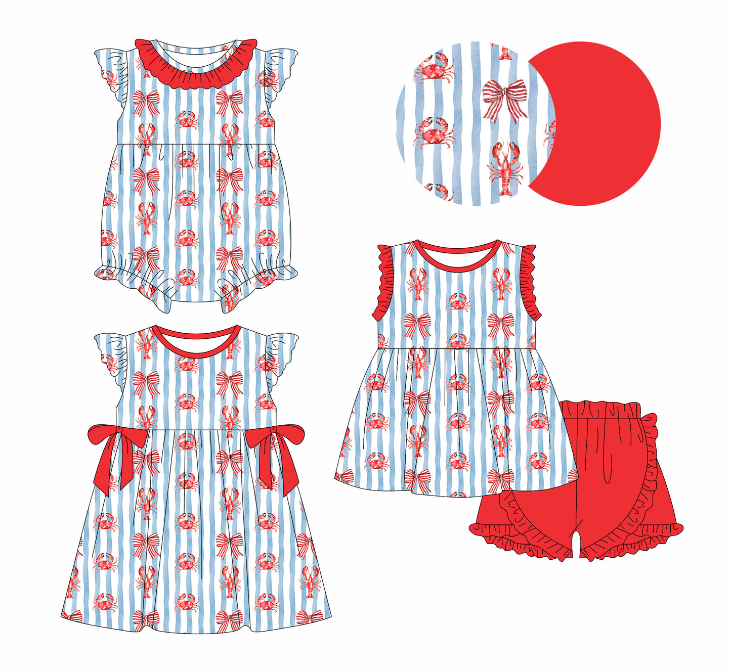 25.11.8 custom each style moq 5 eta 6-8week Sibling Sister lobster crab bow baby short sleeve shorts sets and romper and dress match design