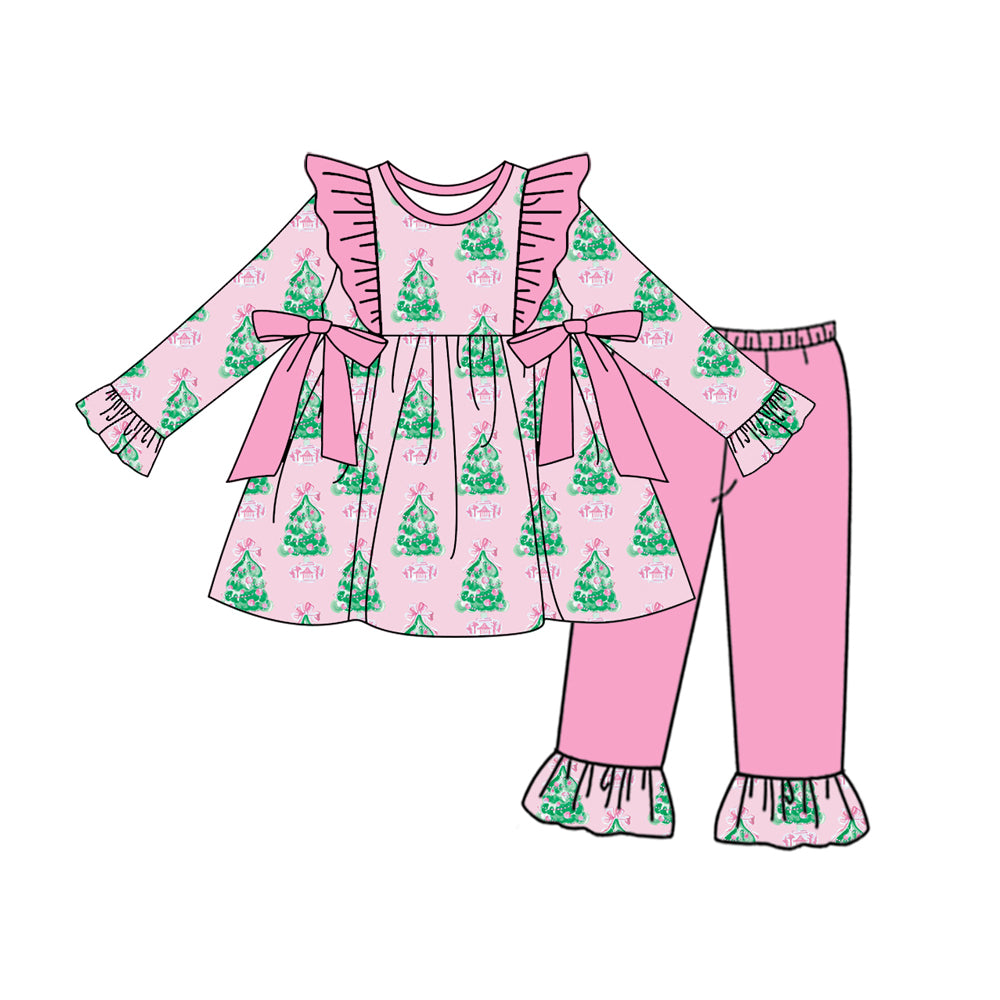 7.11custom each style moq 5eta 4-6week Sibling Sister Christmas trees pink baby girls sets and dress and rompers match family design