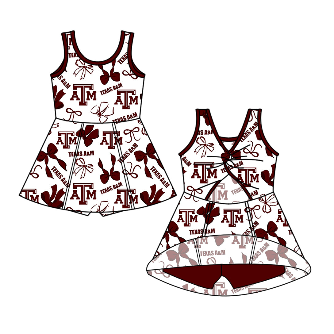 Custom moq 5 mix size milk silk summer teams Baby Girls Dark Red Bow Vest Top Skirt Shorts Sets Sleeveless Yoga Knee Length Dresses Yoga Shorts