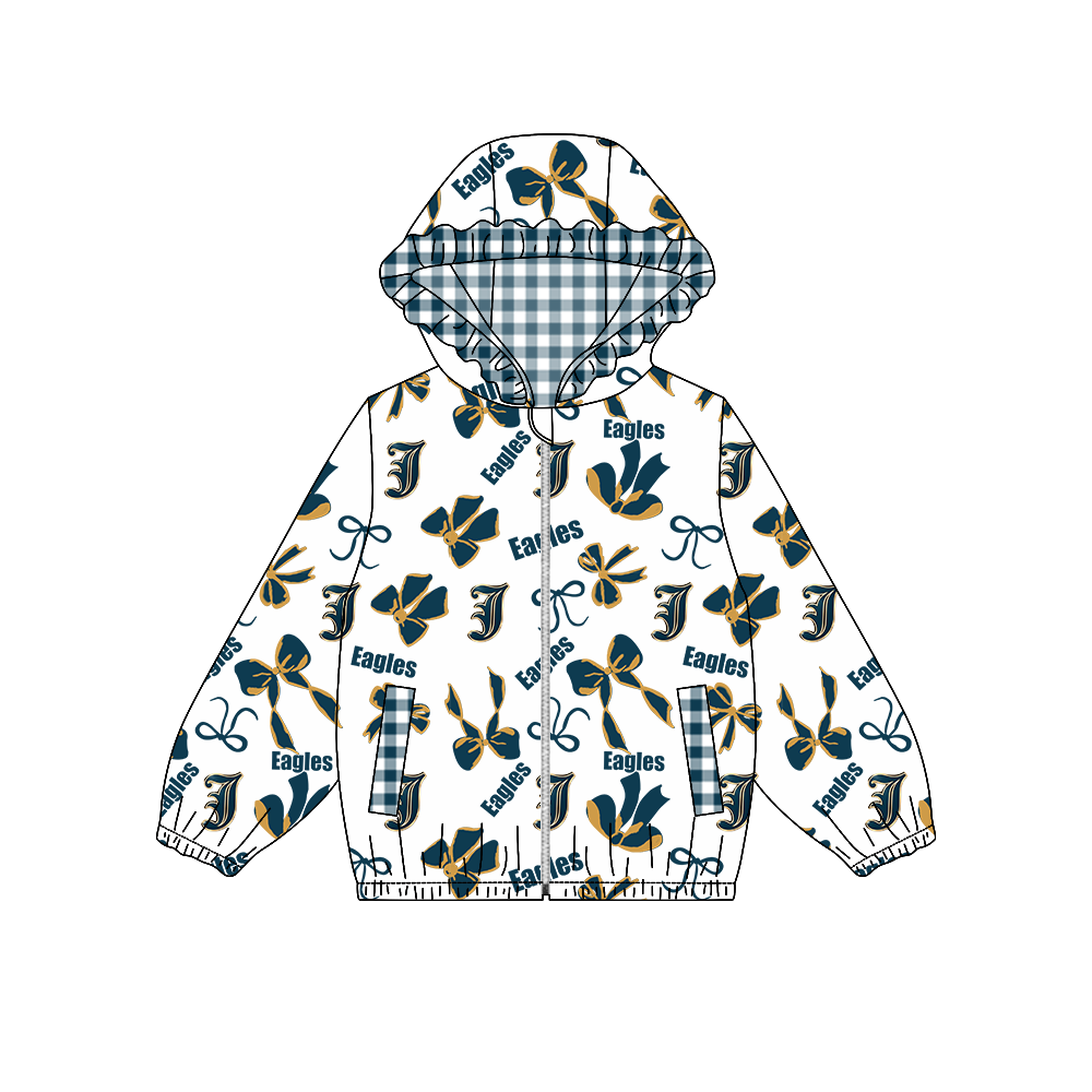 custom moq 5 mix size MSD072503 Baby Girls Bow Print White Long Sleeve Zip Hooded Team Casual Jacket Top