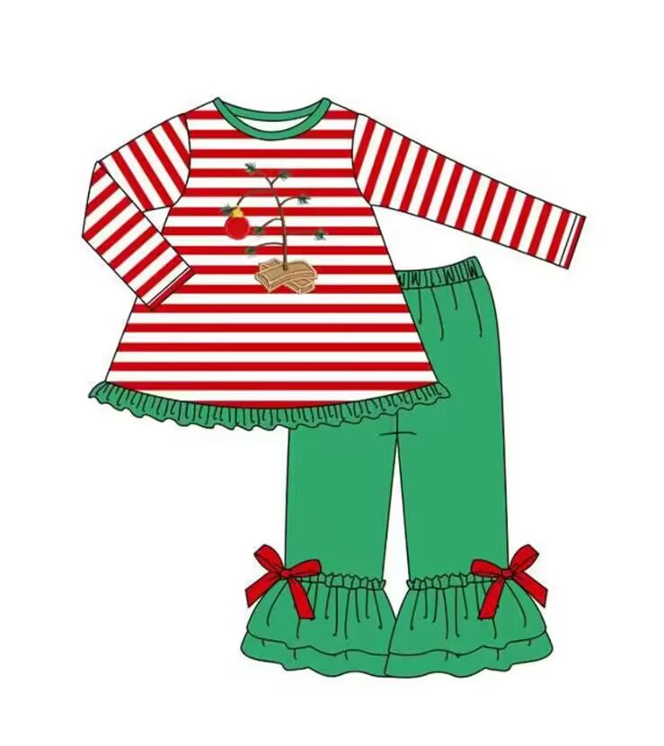 5.17custom each style moq 5eta 4-5week Sibling Sister Christmas style light ball tree print red stripes green girls and boys outfits and baby romper and dress match family design
