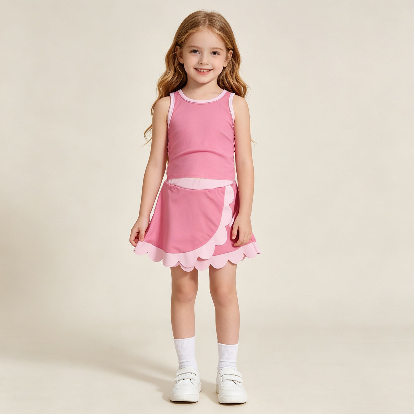 RTS NO MOQ yoga fabric cotton GSD4063 Baby Girls Summer Pink Sleeveless Scallop Skirt Yoga Set