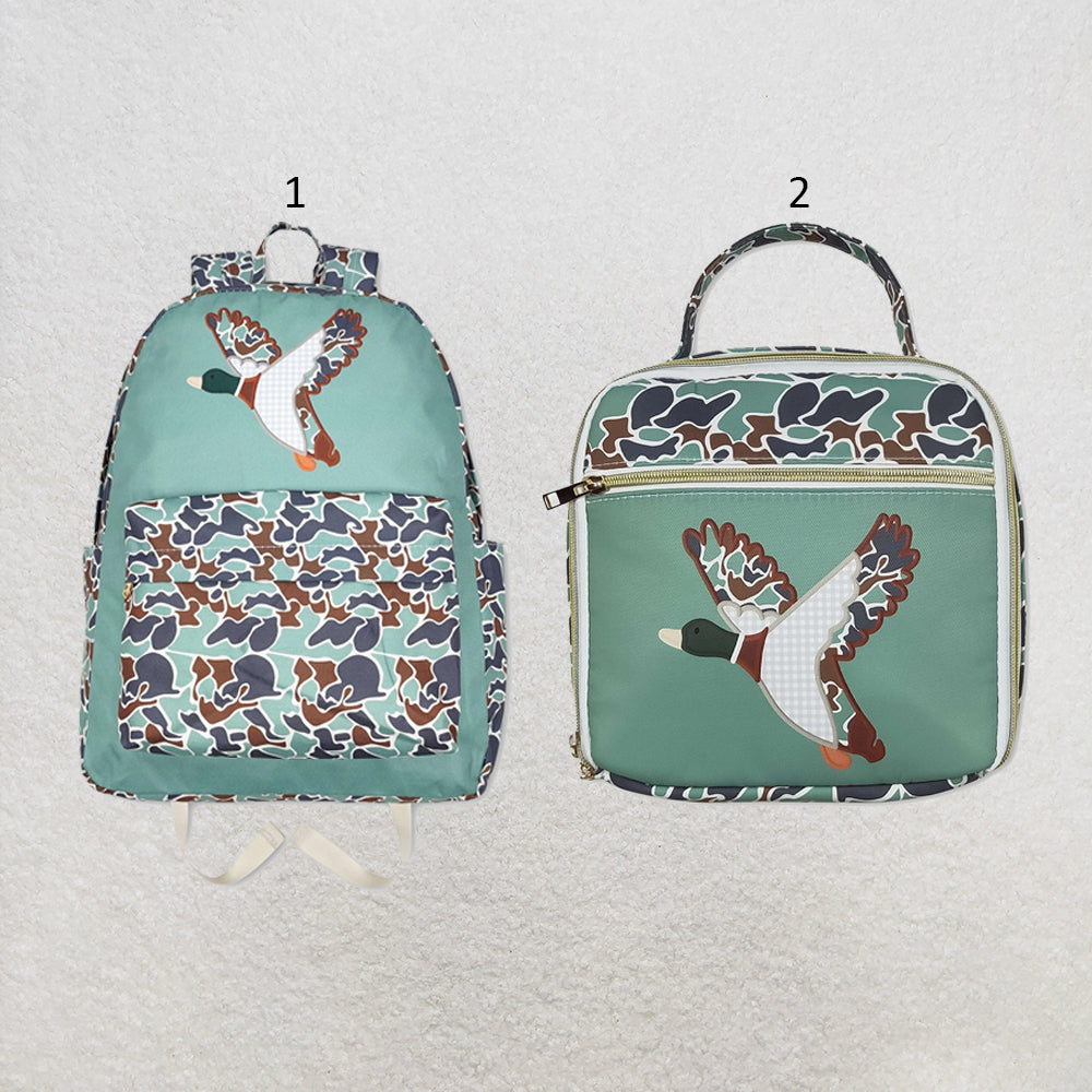 RTS NO MOQ Sibling milk silk Baby Kids Camo Ducks Print Zipper Closure Adjustable Strap Lightweight Backpack Bags Lunch Dinner Picnic Boxes