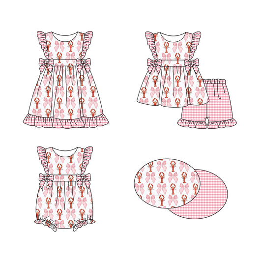 11.16 custom each style moq 5eta 4-6week Sibling Sister bow crayfish baby girl short sleeve shorts sets and dress and rompers match family design