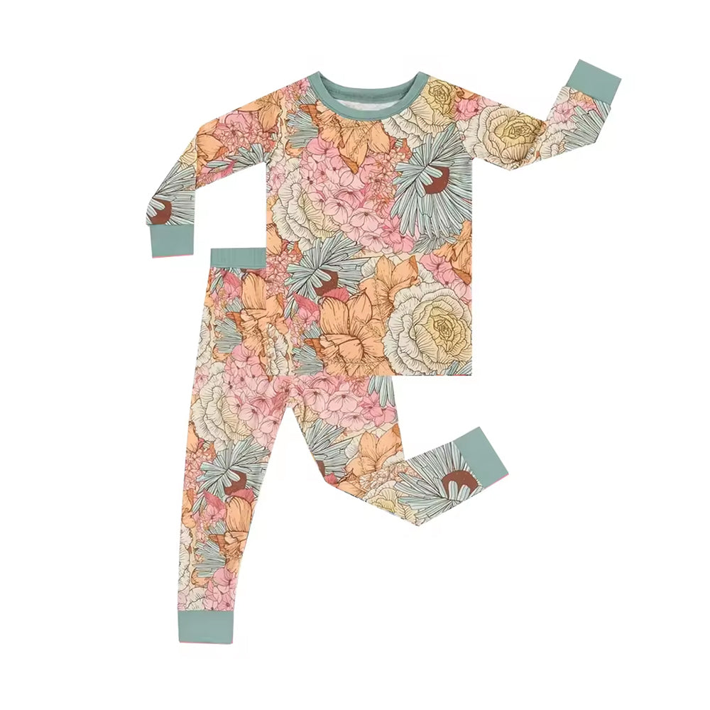 5.16custom each style moq 5eta 4-5week Sibling Sister flower print green boys outfits and baby romper match family design