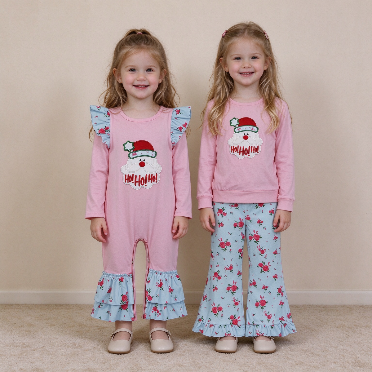 RTS NO MOQ Sibling milk silk Baby Girls Pink Santa Christmas Long-Sleeved Top And Blue Floral Ruffle Flare Pants Outfit Romper