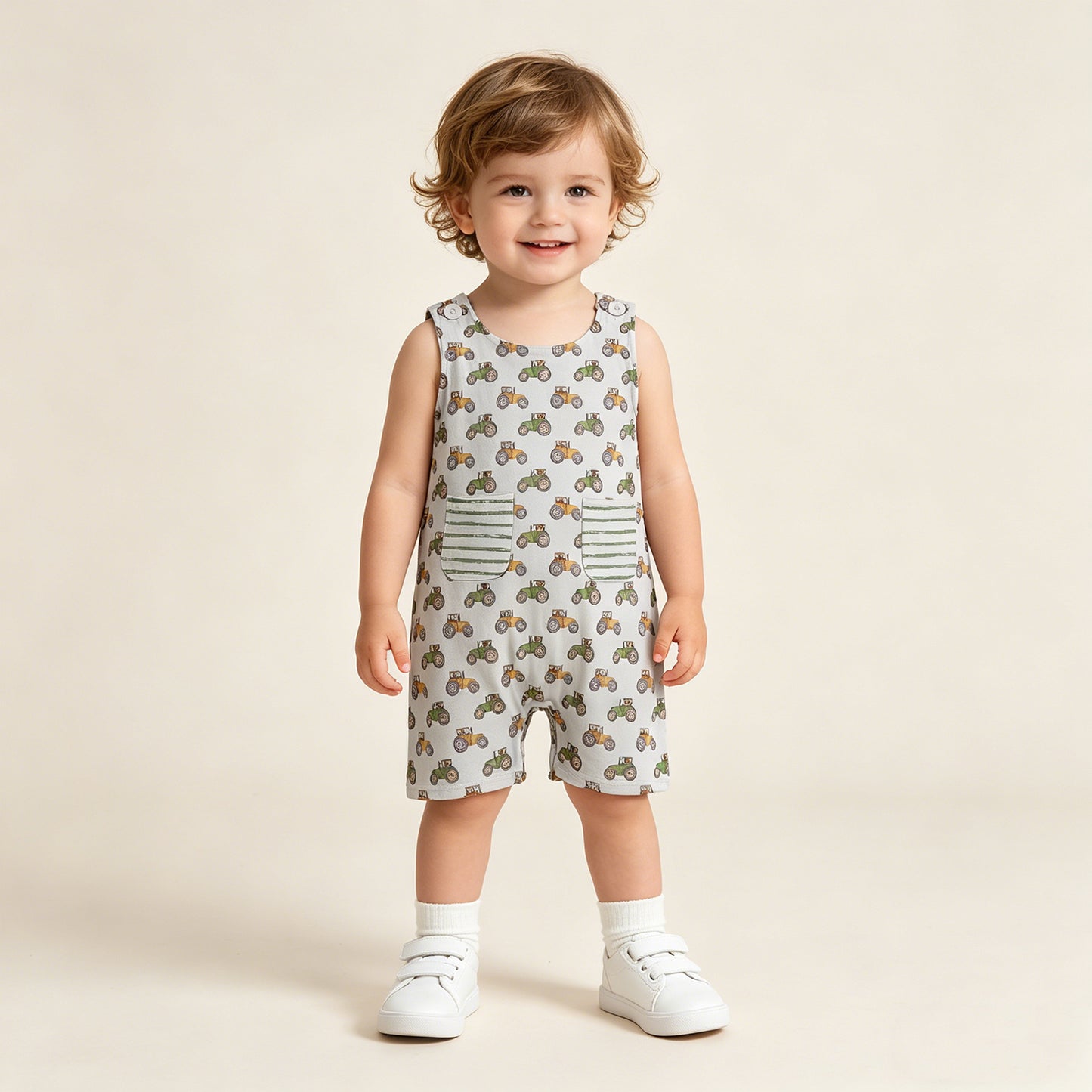 RTS NO MOQ SR1586 milk silk Baby Boys Cute Sleeveless Tractors Farm Pocket Rompers