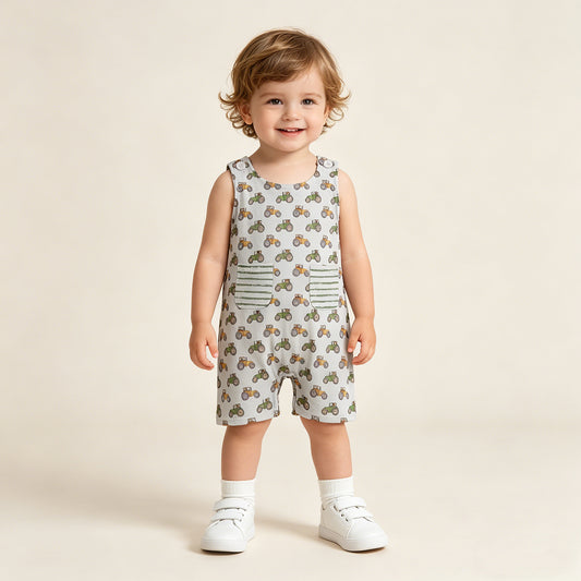 RTS NO MOQ SR1586 milk silk Baby Boys Cute Sleeveless Tractors Farm Pocket Rompers