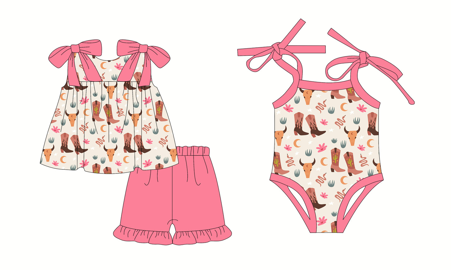 2.26 custom each style moq 5eta 4-6week Sibling Sister boot cow head baby girl short sleeve shorts sets and romper match design