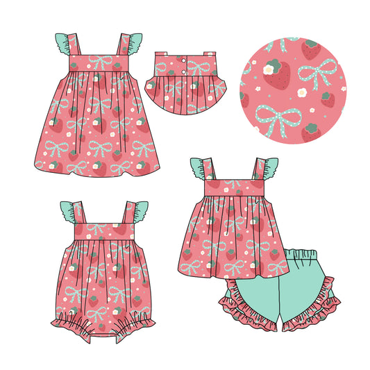 25.12.26 custom each style moq 5 eta 6-8week Sibling Sister strawberry bow baby short sleeve shorts sets and romper and dress match design