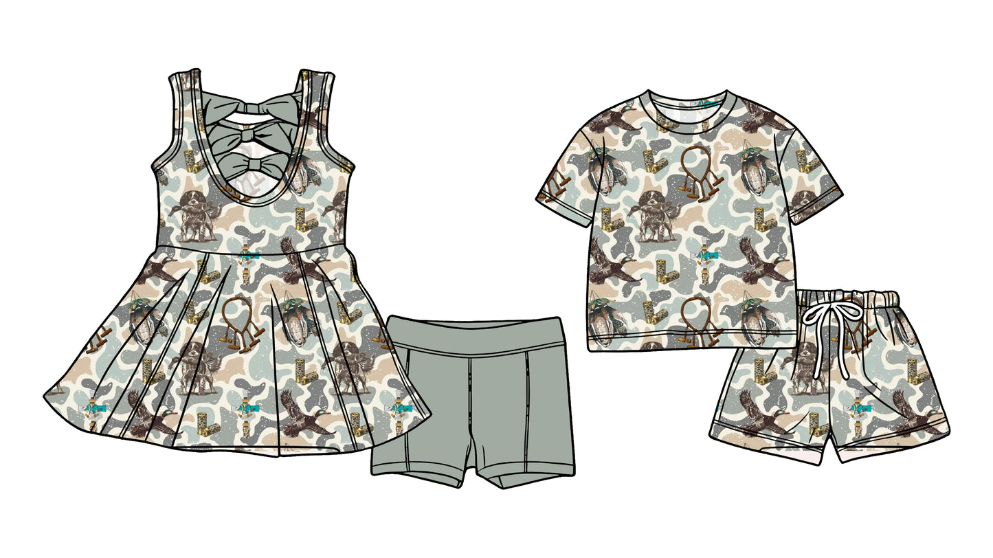 3.6 Custom moq 5 mix size Sibling Baby Girls Duck Camouflage Sleeveless Back Bows Tunic Shorts Matching Short-Sleeved Shorts Set