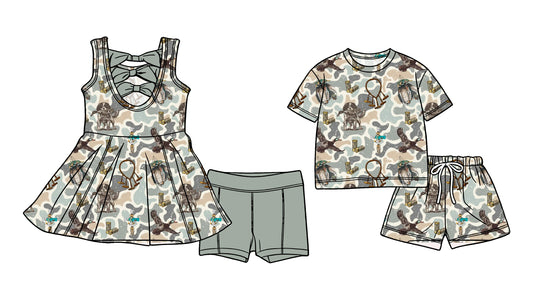 3.6 Custom moq 5 mix size Sibling Baby Girls Duck Camouflage Sleeveless Back Bows Tunic Shorts Matching Short-Sleeved Shorts Set