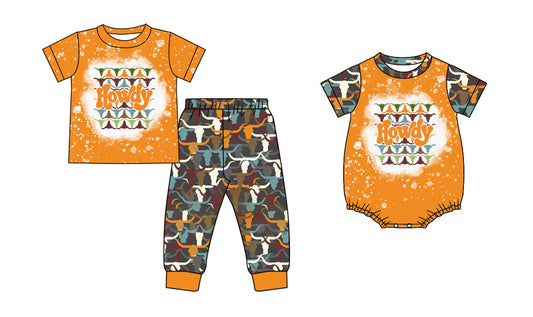 5.1 custom each style moq 5eta 4-6week Sibling Sisters HOWDY cow head baby boy short sleeve pants sets and rompers match family design