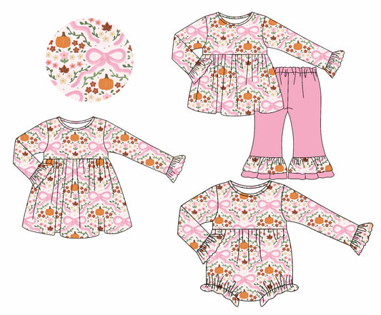25.7.7 custom each style moq 5eta 4-6week Sibling Sisters pumpkin bow pink baby girl long sleeve pants sets and dress and rompers match family design