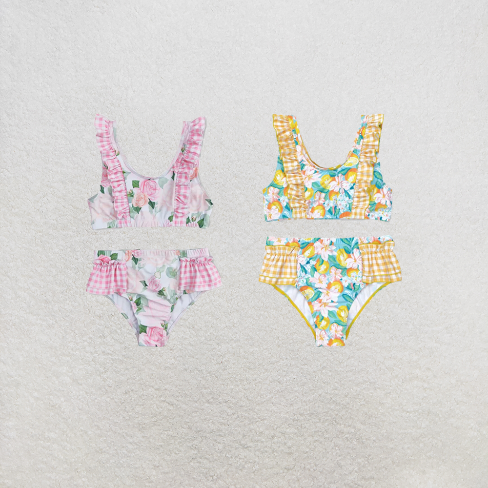 RTS NO MOQ Sibling Baby Girls Summer Pink Flowers Top Ruffle Bottom Swimsuits