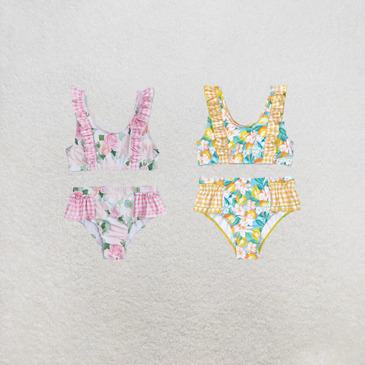 RTS NO MOQ Sibling Baby Girls Summer Pink Flowers Top Ruffle Bottom Swimsuits