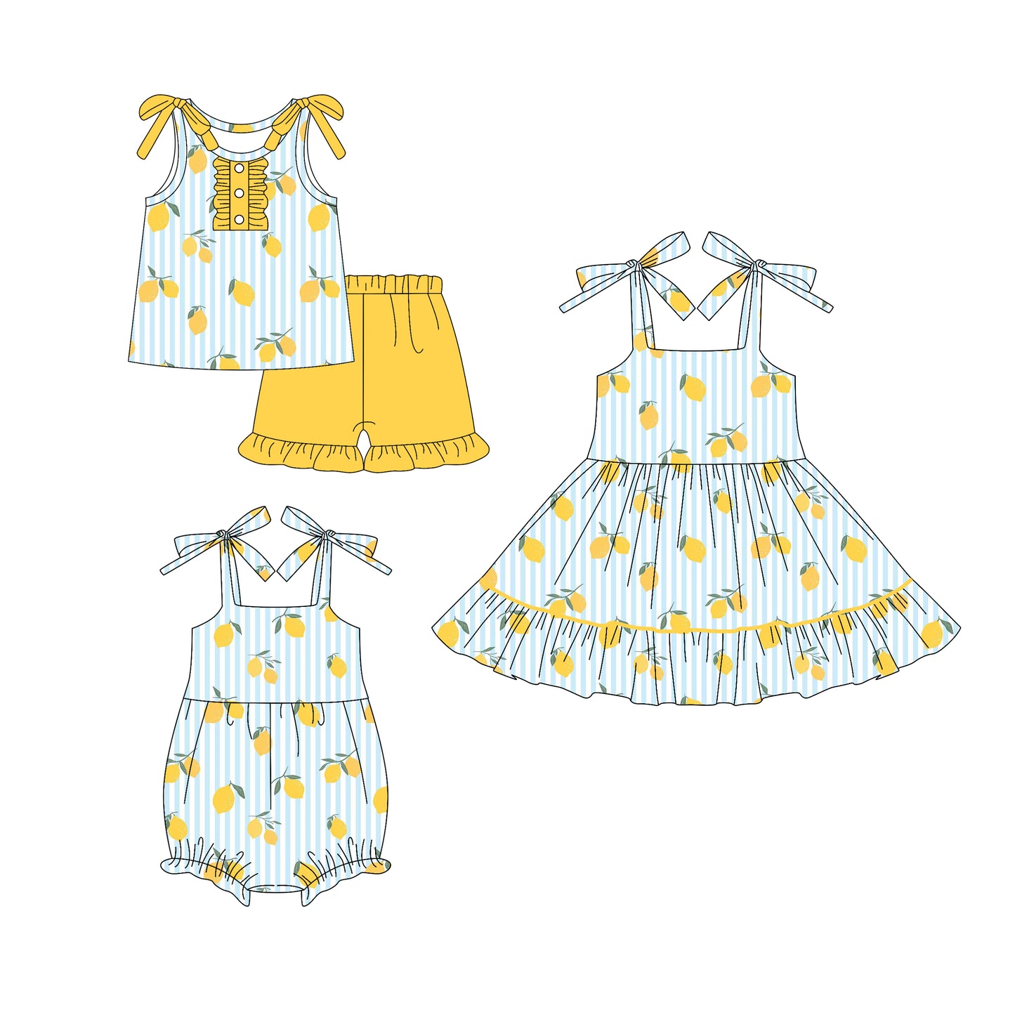 26.1.17 custom each style moq 5 eta 6-8week Sibling Sister lemon baby short sleeve shorts sets and romper and dress match design