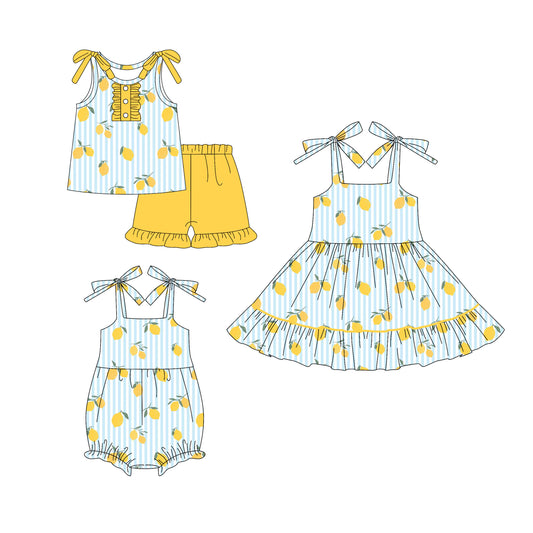 26.1.17 custom each style moq 5 eta 6-8week Sibling Sister lemon baby short sleeve shorts sets and romper and dress match design