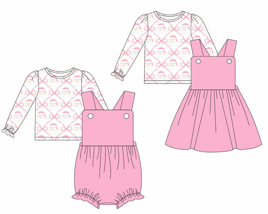 25.5.29 custom each style moq 5eta 4-6week Sibling Sisters Christmas bow pink baby girls short sleeve dress and short sleeve rompers and top 1 and top 2 match family design