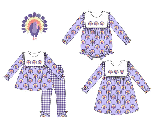 25.6.6 custom each style moq 5eta 4-6week Sibling Sisters turkey purple baby girl long sleeve pants sets and dress and rompers match family design