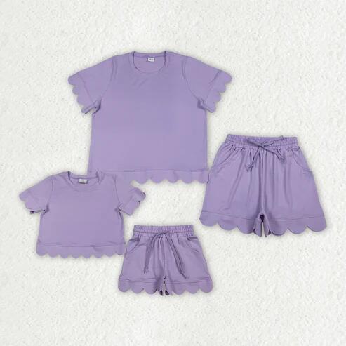 RTS NO MOQ Sibling  Mom And Me Lavender  Short Sleeve Top With Pockets Scallop Shorts Sets