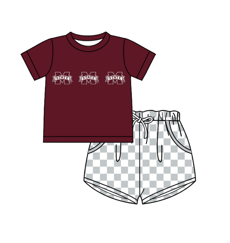 Custom moq 5 mix size milk silk summer teams Boy's Dark Red Short Sleeved Top Plaid Shorts Set Girl's Short-Sleeved Set with Matching Swimsuits Adult Shorts