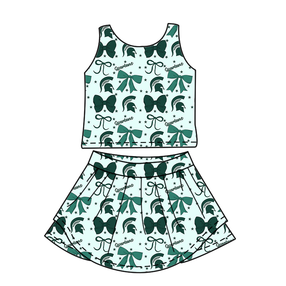 Custom moq 5 mix size milk silk summer teams baby girls clothes team bow green sleeveless skirts sets and dress 1 and dress 2 and dress 3-25.6.26