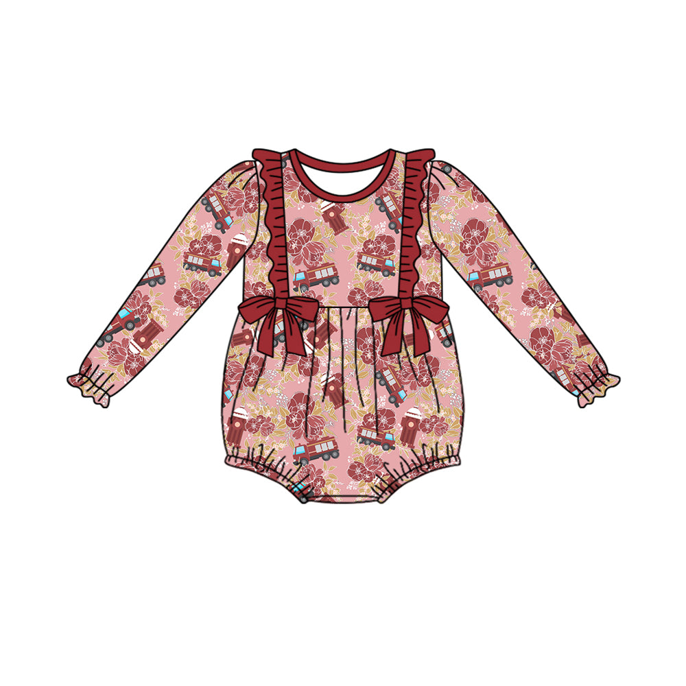 6.3 custom each style moq 5eta 4-6week Sibling Sister Fire truck red baby girls outfits and dress and baby romper match family design
