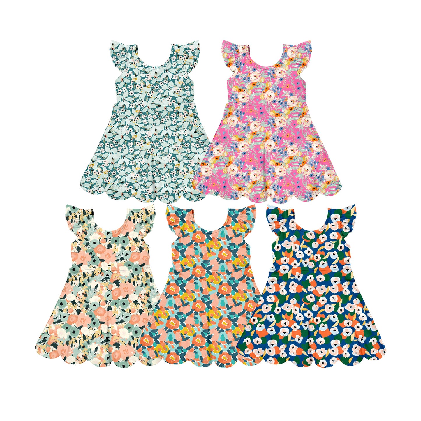 3.12 Custom moq 5 mix size Sibling Baby Girl's Colorful Flowers Flutter Sleeve Dress Cute Toddler Girls' Summer Casual Dress