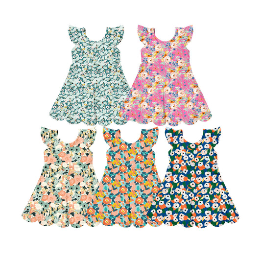 3.12 Custom moq 5 mix size Sibling Baby Girl's Colorful Flowers Flutter Sleeve Dress Cute Toddler Girls' Summer Casual Dress