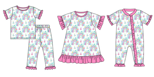 11.30 custom each style moq 5eta 4-6week Sibling Sister rainbow baby girl sets and dress and rompers match family design