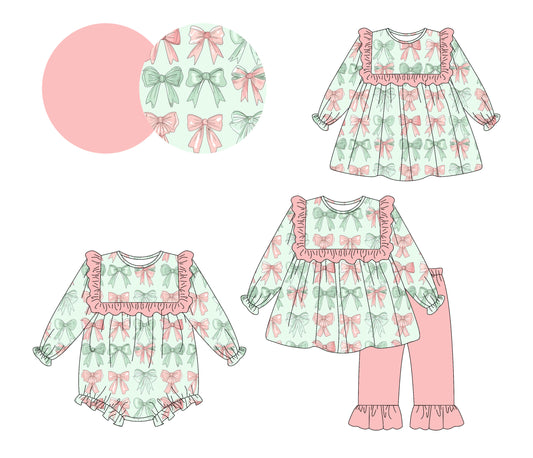 25.9.26 custom each style moq 8 eta 6-8week Sibling Sisters bow baby girl long sleeve pants sets and dress and rompers match family design