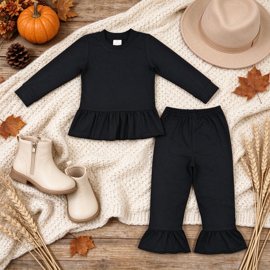 NEW RTS NO MOQ cotton GLP3885 Baby Girls Black Long Sleeve Tunic Ruffle Pant Set
