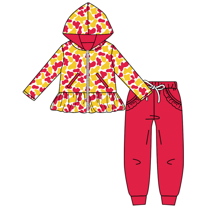 Custom moq 5 mix size milk silk summer teams baby girls clothes camouflage hooded long sleeve pants sets 2 and boy pants sets and pant-25.8.9