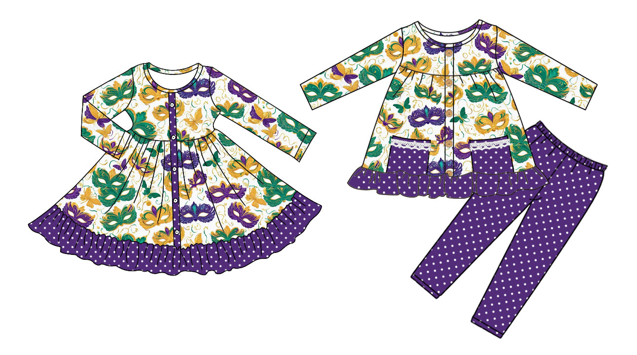 25.9.4 custom each style moq 5eta 4-6week Sibling Sisters mardi gras baby girl long sleeve pants sets and dress match family design
