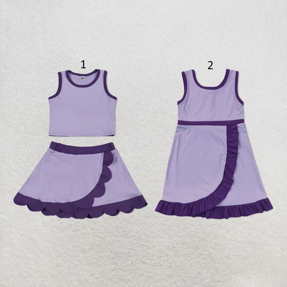 RTS NO MOQ Sibling cotton Baby Girls Purple Sleeveless Vest Scallop Skirt Yoga Active Set Short Knee Length Dress