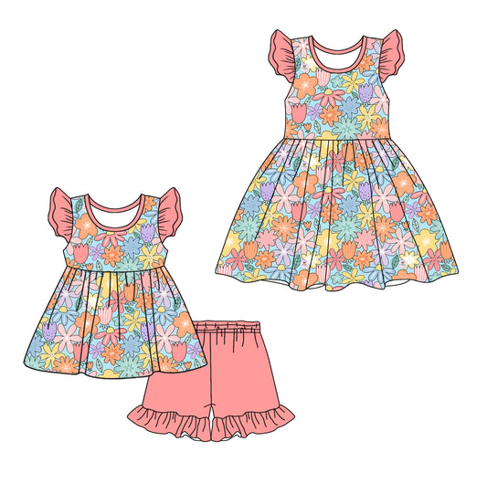 12.11 custom each style moq 5eta 4-6week Sibling Sister floral baby girl short sleeve shorts sets and dresses match design