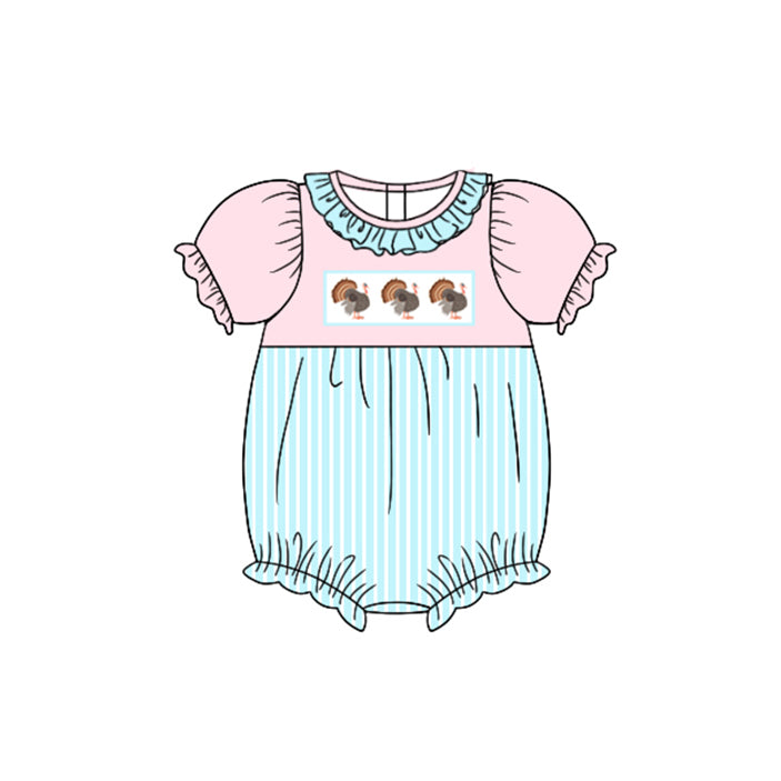 5.16custom each style moq 5eta 4-5week Sibling Sister Thanksgiving turkey print blue stripes and pink girls and boys outfits and baby romper and dress match family design