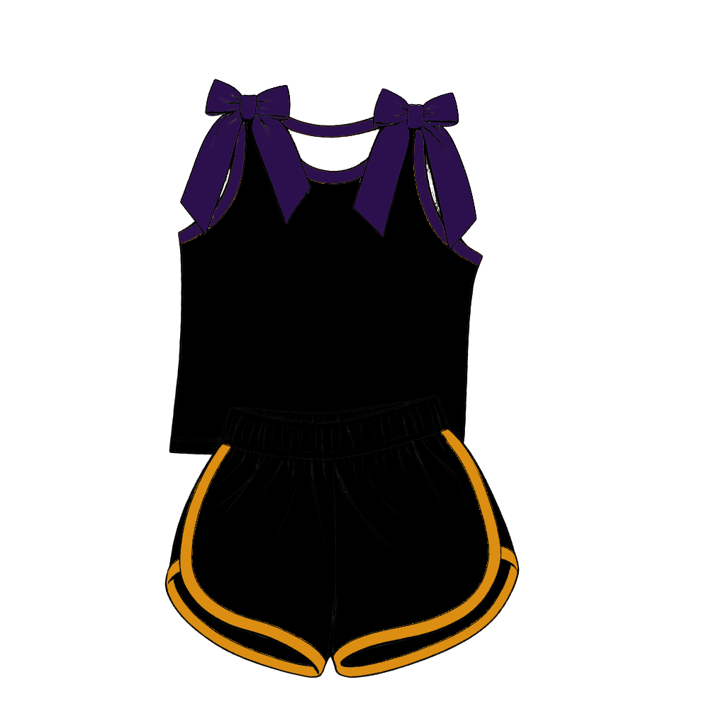 custom moq 5 mix size Baby Girls Purple Bow Sleeveless Yellow Top Shorts Summer Casual Clothes Set