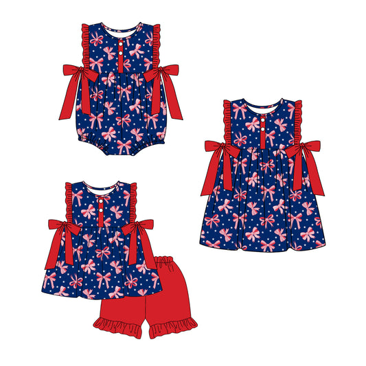 4.1 Custom moq 5 mix size Sibling Baby Girl's 4th of July Bows Sleeveless Tunic Ruffle Shorts Set Cute Romper Dress for Summer