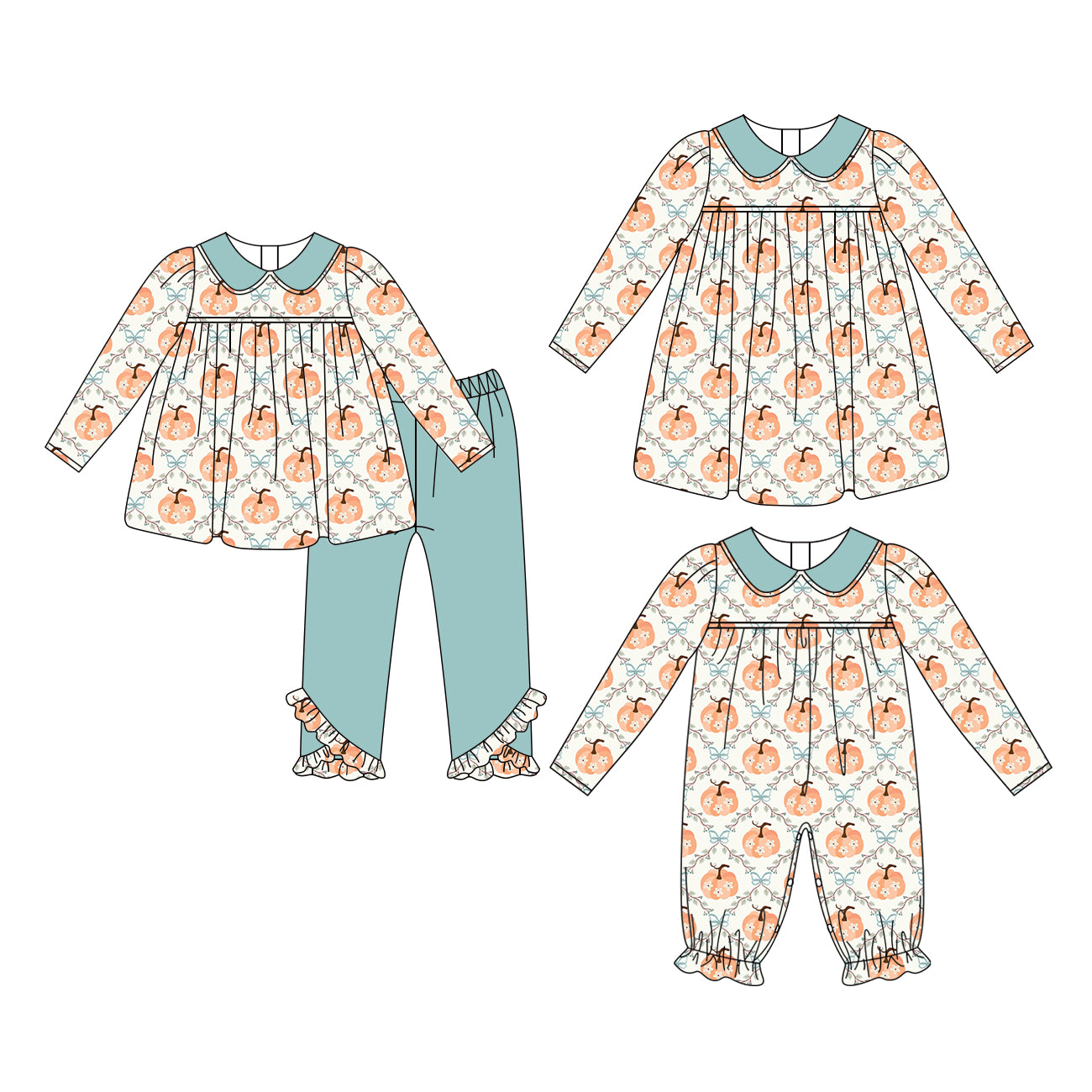4.13 Custom moq 5 mix size Sibling Baby Girl's Pumpkin Long-Sleeved Pants Set Matching Romper And Dress Outfit Set