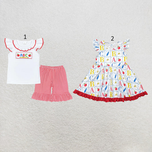 RTS NO MOQ Sibling milk silk Baby Girls ABC Letter Print Short Sleeve Back To School Top Ruffle Elastic Waist Shorts Set Dresses(2T-14-16T）